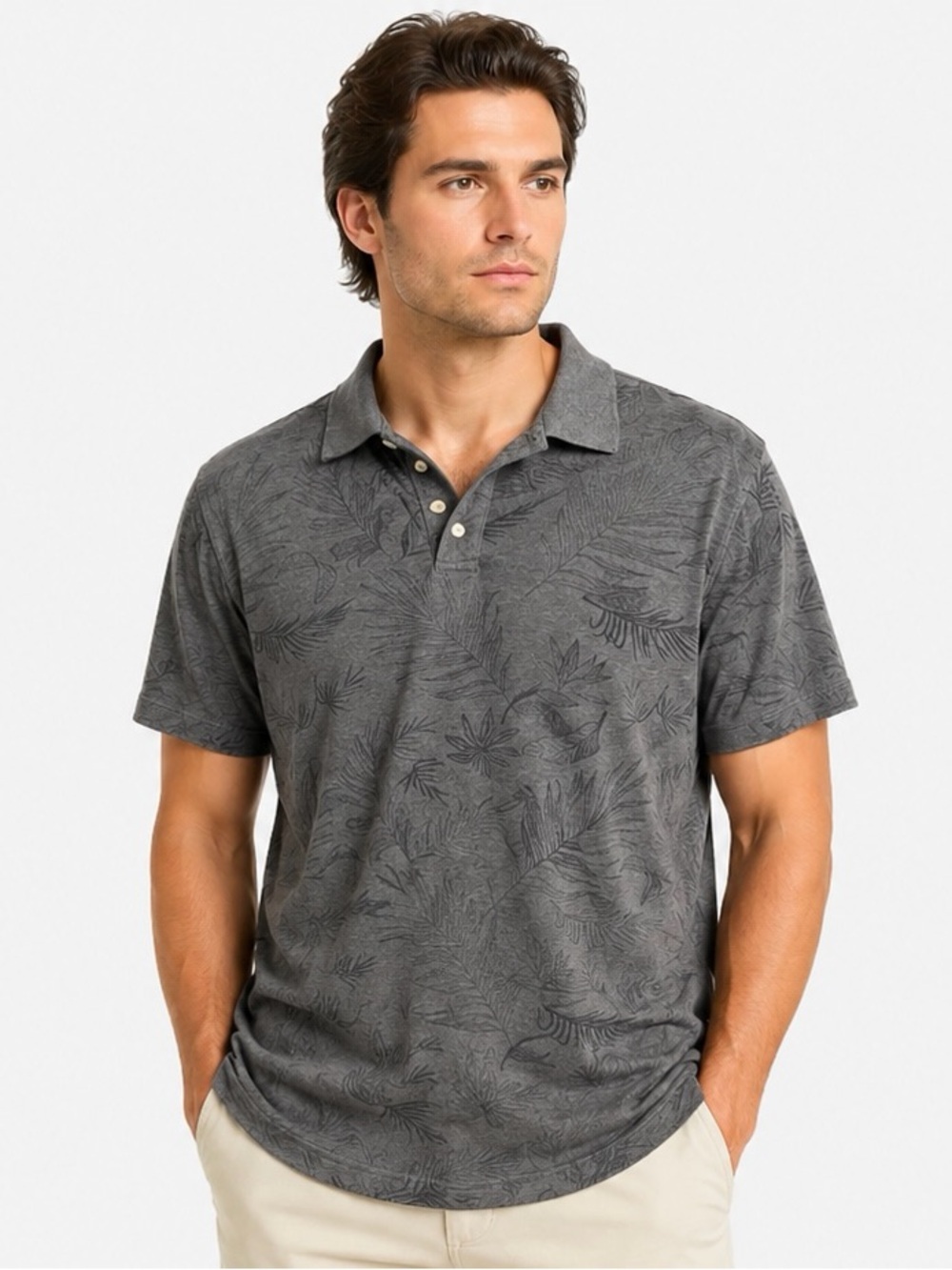 George Men’s Gray Tropical Palm Print Polo Shirt Size Large Casual Short Sleeve
